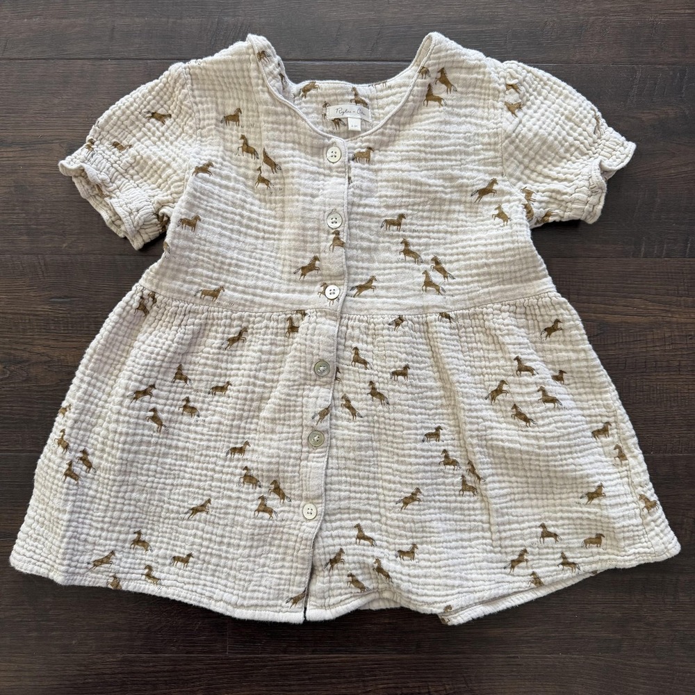 Rylee‎ + Cru Dress Girls 2-3Y Cream Horse Print Gauze Button Front Short Sleeve